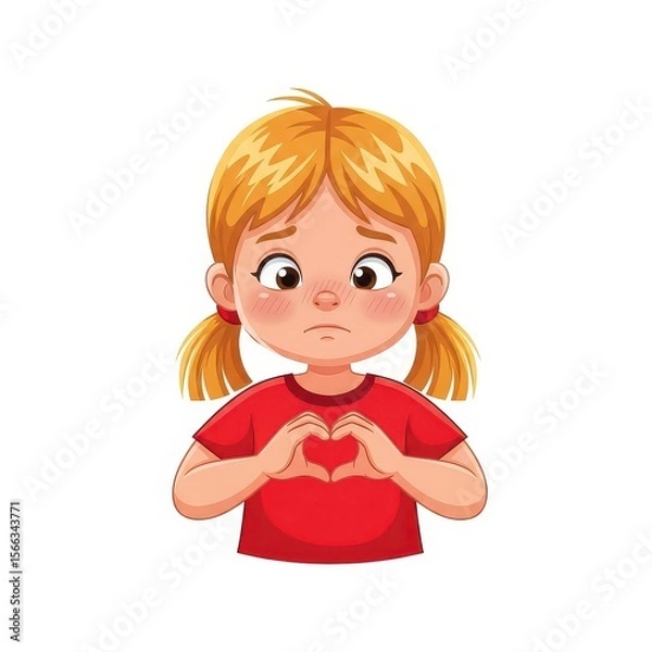 Fototapeta Cartoon girl with blond hair makes a heart shape with her hands, expressing love and affection for use in greeting cards or illustrations.