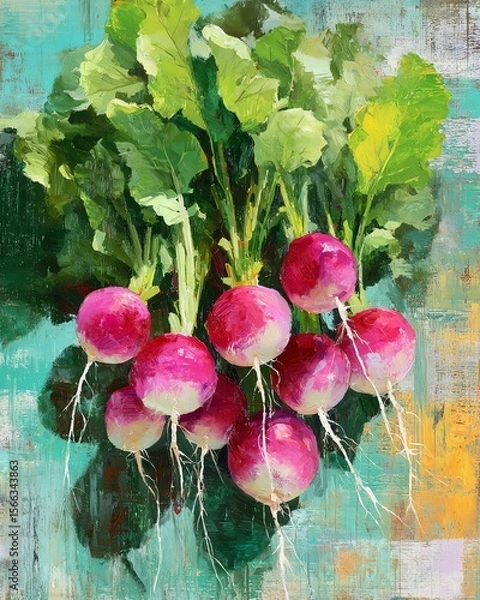 Fototapeta Water color. Vibrant radishes with green leaves on a colorful background.