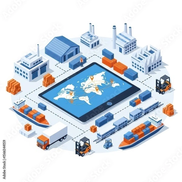 Fototapeta An isometric illustration of a global logistics network showcases factories, ships, trains, and trucks connected by a digital map, ideal for illustrating supply chain management.