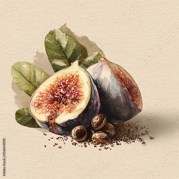 Fototapeta Water color. Fresh fig cut in half with seeds and leaves.