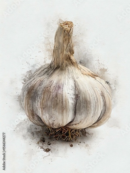Fototapeta Water color. Fresh garlic bulb on textured background.
