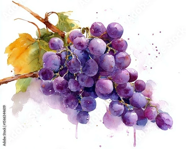 Fototapeta Water color. Fresh watercolor grapes on a vine branch.