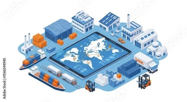Fototapeta Isometric illustration displays global logistics network with ships, trains, trucks, forklifts, and buildings on a tablet screen, showcasing transportation and industrial processes.