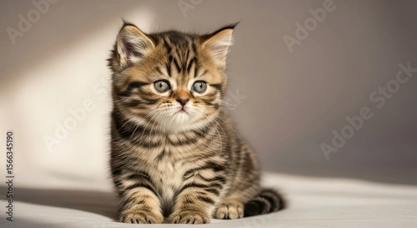 Fototapeta A cute striped kitten sits and looks forward with big, round eyes, often used in heartwarming and cheerful contexts.