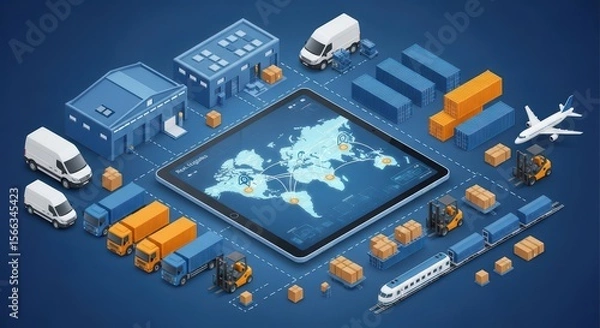 Fototapeta An isometric view depicts a global logistics network displayed on a tablet, showcasing transportation modes such as planes, trucks, and trains to illustrate worldwide delivery and supply chain