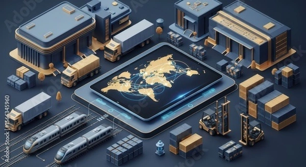 Fototapeta Isometric view showing a global logistics network of truck, train, forklift, warehouse, and shipping container to illustrate international trade and distribution.