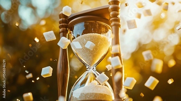 Fototapeta A broken hourglass with sugar cubes instead of sand, swept away by a golden breeze, symbolizing fleeting sweetness.
