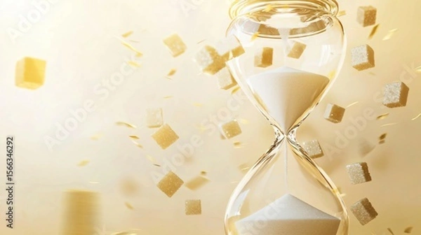 Fototapeta A broken hourglass with sugar cubes instead of sand, swept away by a golden breeze, symbolizing fleeting sweetness.