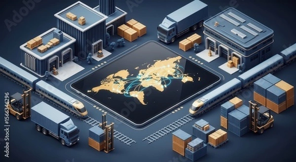 Fototapeta Isometric view showing a global logistics network of truck, train, forklift, warehouse, and shipping container to illustrate international trade and distribution.