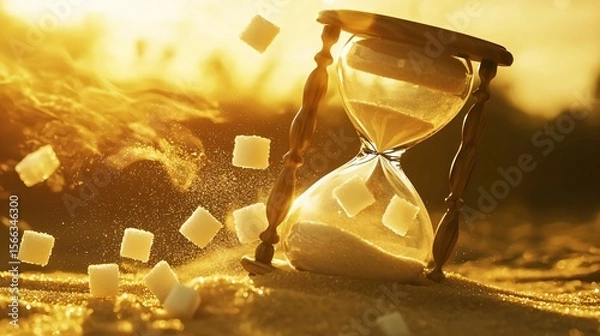 Fototapeta A broken hourglass with sugar cubes instead of sand, swept away by a golden breeze, symbolizing fleeting sweetness.