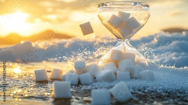 Fototapeta A broken hourglass with sugar cubes instead of sand, swept away by a golden breeze, symbolizing fleeting sweetness.