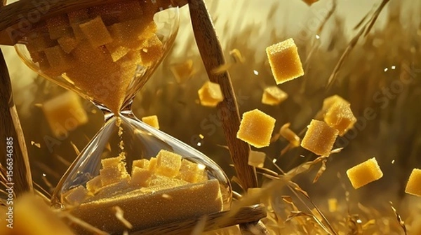 Fototapeta A broken hourglass with sugar cubes instead of sand, swept away by a golden breeze, symbolizing fleeting sweetness.