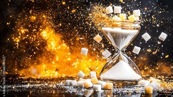 Fototapeta A broken hourglass with sugar cubes instead of sand, swept away by a golden breeze, symbolizing fleeting sweetness.