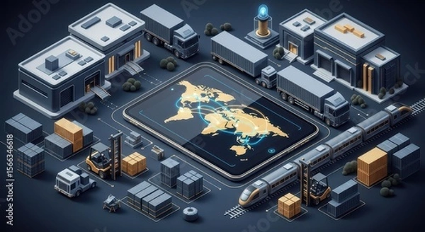 Fototapeta Isometric view showing a global logistics network of truck, train, forklift, warehouse, and shipping container to illustrate international trade and distribution.