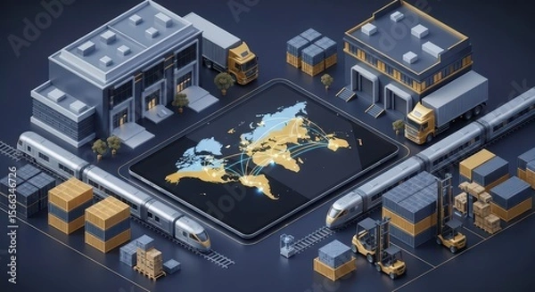 Fototapeta Isometric view showing a global logistics network of truck, train, forklift, warehouse, and shipping container to illustrate international trade and distribution.