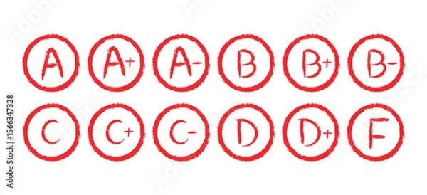 Fototapeta Set of red hand-drawn academic grade icons from A+ to F in circular outlines. Ideal for school projects, educational materials, reports, stickers, or digital grading.