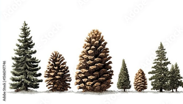 Fototapeta Pinecones and Conifer Trees Collection on Plain Backdrop for Nature Illustration Use