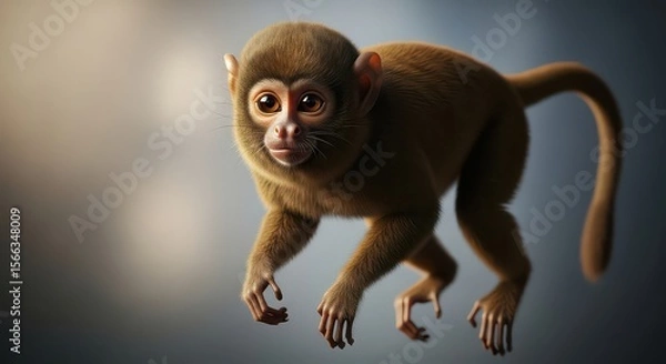 Fototapeta A small brown monkey with a furry tail is shown with its big eyes, making it suitable for educational or illustrative purposes.