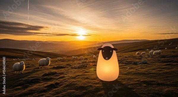 Fototapeta A glowing sheep lamp stands in a field with grazing sheep during a scenic sunset, providing ambient lighting and a touch of whimsy to any room.