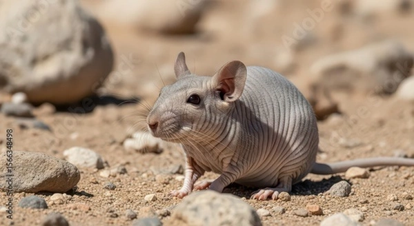 Fototapeta A hairless rat with wrinkled skin sits on a sandy surface surrounded by small rocks, ideal for educational or scientific materials.