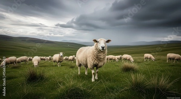 Fototapeta A flock of sheep graze in a grassy field under a dramatic, cloudy sky, creating a peaceful scene used for farm or landscape imagery.