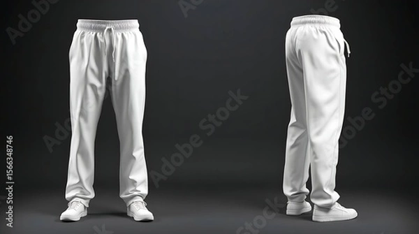 Fototapeta Blank white sweatpants mockup in front and side views, isolated on gray background, high-resolution 3D render for fashion design, apparel branding, or product presentation