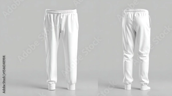 Fototapeta Blank white sweatpants mockup in front and side views, isolated on gray background, high-resolution 3D render for fashion design, apparel branding, or product presentation