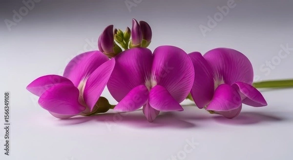 Fototapeta A close-up shot captures the vibrant purple petals of a flower blossom, with closed buds in the background, perfect for springtime or floral designs.