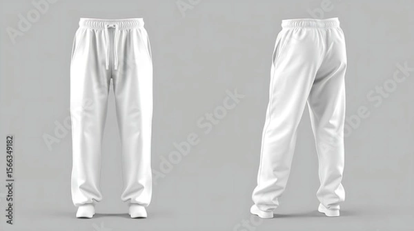 Fototapeta Blank white sweatpants mockup in front and side views, isolated on gray background, high-resolution 3D render for fashion design, apparel branding, or product presentation
