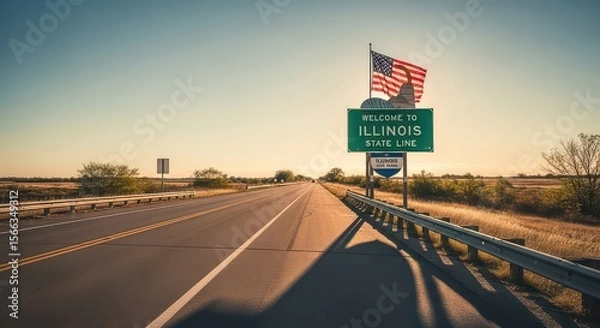 Fototapeta An Illinois state line sign and an American flag stand beside a long road with fields on either side, ideal for travel photography and scenic landscapes.