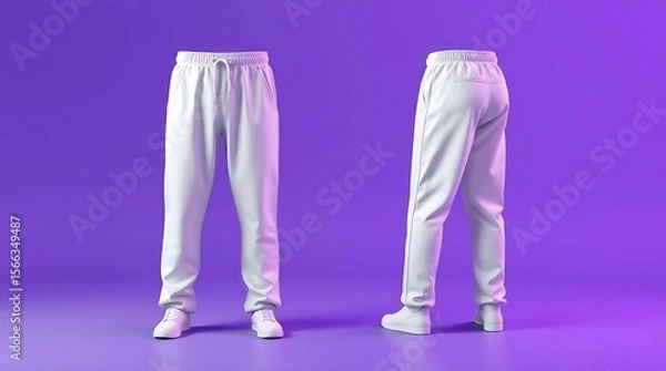 Fototapeta Blank white sweatpants mockup in front and side views, isolated on gray background, high-resolution 3D render for fashion design, apparel branding, or product presentation