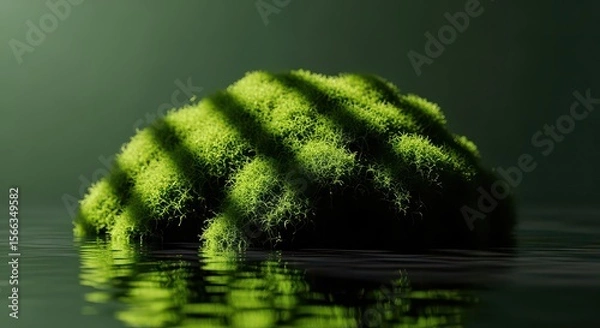 Fototapeta A lush green moss clump sits partially submerged in calm water, reflecting a striped pattern from overhead light, making it suitable for nature or peaceful backgrounds.