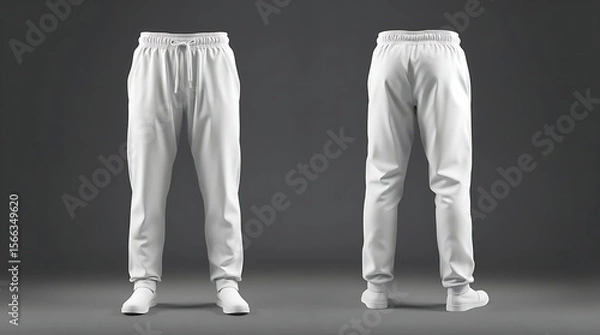 Fototapeta Blank white sweatpants mockup in front and side views, isolated on gray background, high-resolution 3D render for fashion design, apparel branding, or product presentation
