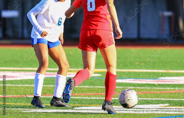 Obraz Girls Playing Soccer on a Turf Field During a Sunny Day