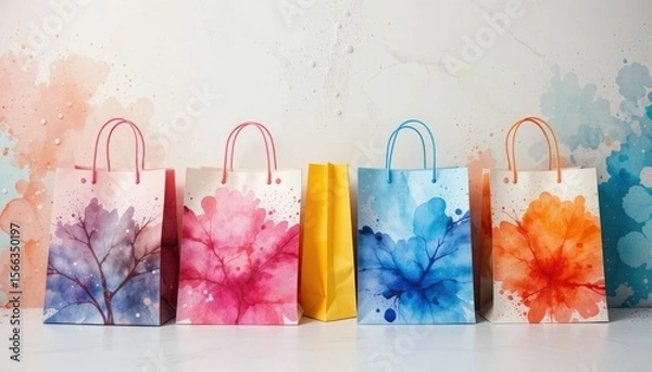 Obraz Bright shopping bags with a variety of watercolor designs hanging in a row are perfect for retail or marketing themes.