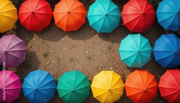 Obraz Aerial image of multicolored umbrellas on dry ground with lots of room for overlaying text or graphics in a lively outdoor environment