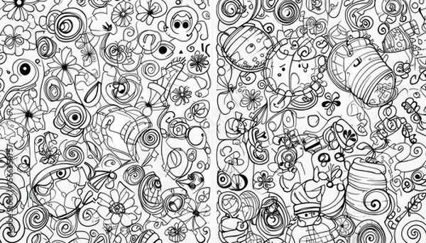 Obraz A coloring book for kids with curly patterns and black and white images of holiday treats. the improvement of children's motor abilities through sketching. Artificial Intelligence 