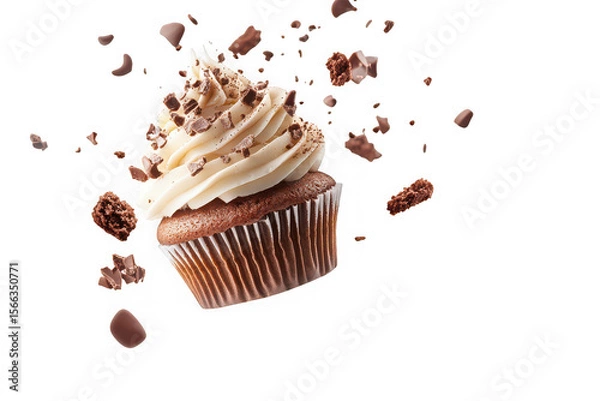 Fototapeta Chocolate cupcake with cream frosting and chocolate pieces isolated on transparent background