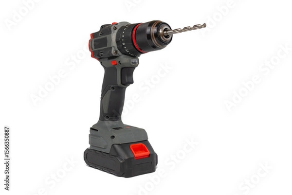 Fototapeta A cordless drill stands upright against a plain white background, showcasing its gray and black body, red accents, and a metal drill bit inserted into the chuck.