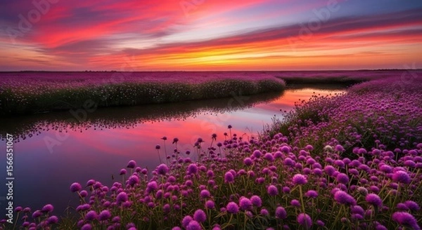 Fototapeta Tranquil landscape featuring a vast field of vibrant pink globe amaranth flowers and a stream reflecting the dramatic sunset sky, creating a serene and idyllic nature scene.