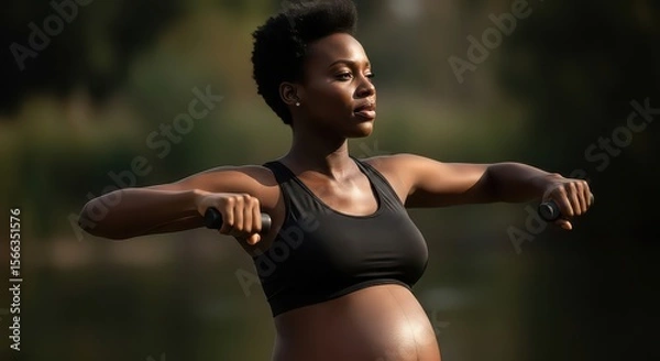 Fototapeta Pregnant woman wearing a black sports bra exercising outdoors with dumbbells with soft natural light highlighting her form creating a calm and healthy atmosphere.