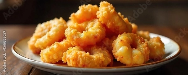 Fototapeta Golden-brown, crispy fried shrimp, piled high on a plate, glistening with oil A classic Southern comfort food, perfect for a casual meal or appetizer , greasy, crustacean