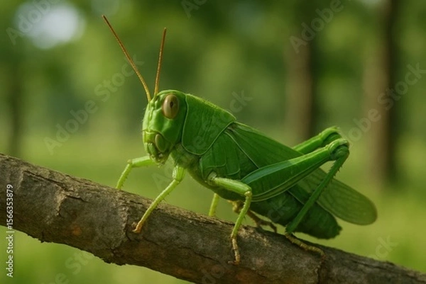 Fototapeta A lone grasshopper stands poised on a tree branch, its vibrant green body contrasting with the soft blur of the forest backdrop