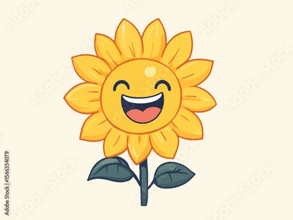 Obraz Cheerful Cartoon Sunflower with Smiling Face and Petals on Beige Background
