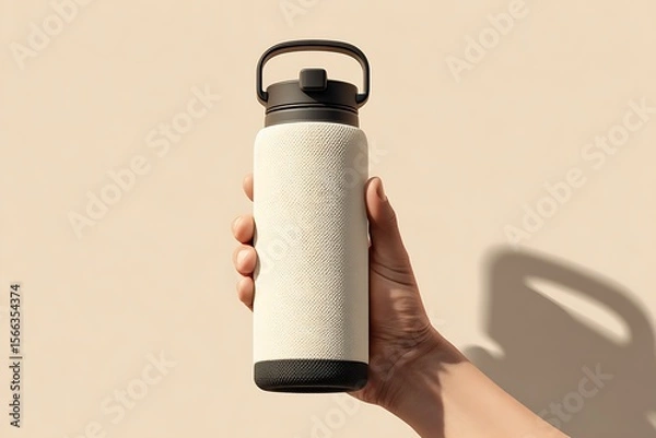 Fototapeta Hand holding insulated water bottle with textured cover against beige background studio shot