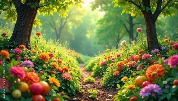 Fototapeta A vibrant, lush garden overflowing with blooming flowers and ripening fruits, symbolizing growth and abundance, representing a treasure cultivated with care and time , vegetable, harvest