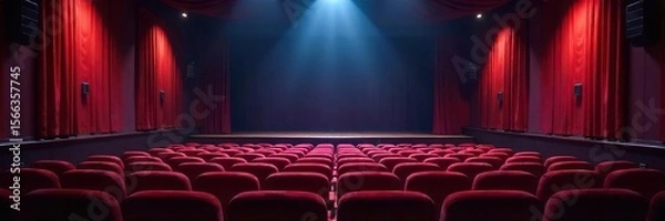 Fototapeta Serene theater interior, dim lighting, plush velvet seats, empty stage, peaceful atmosphere, perfect for relaxation and tranquility , plush, calmness