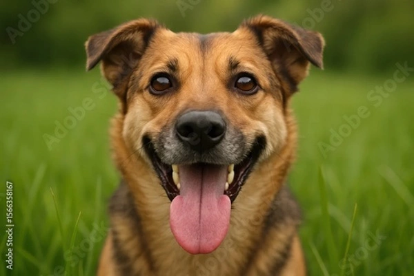Fototapeta A joyful German Shepherd enjoys a sunny day in the lush green field