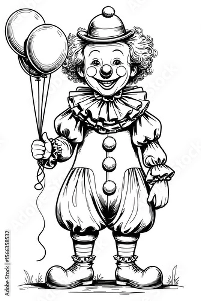 Fototapeta AI Generative. Smiling Clown Holding Balloons - Black and White Outline Illustration. 5
