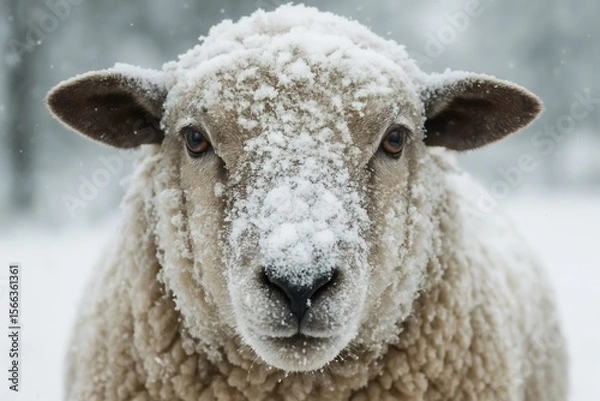 Fototapeta A sheep stands resolute against a snowy backdrop